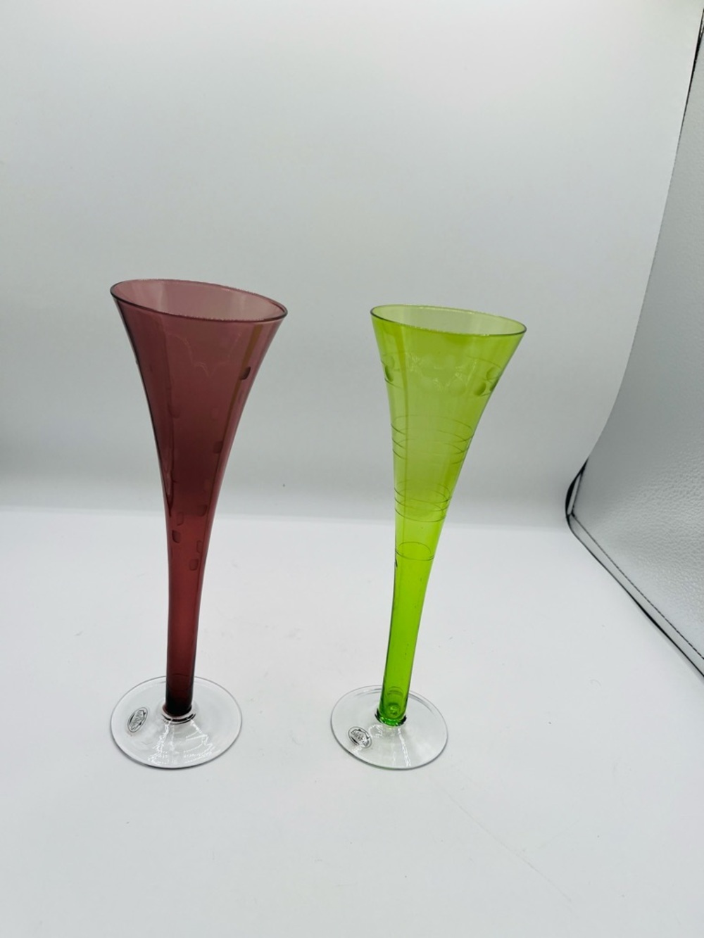 Set of Two Tall Colored Glass Vases - Lime Green & Burgundy
